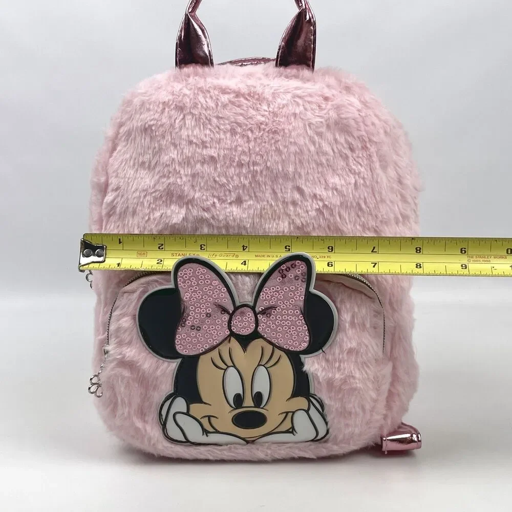 Disney Minnie Mouse Faux Fur Mini Backpack Pink Fuzzy Sequin Bag EUC